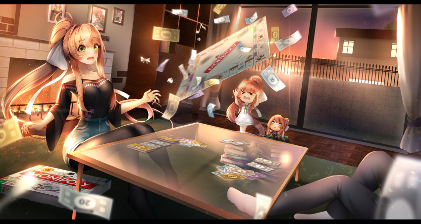 &gt;_&lt; 3girls absurdres black_legwear black_shirt board_game book book_stack brown_hair chibi commentary commission curtains doki_doki_literature_club english_commentary evening eyebrows_visible_through_hair fireplace green_eyes hair_ribbon highres indoors long_hair minigirl money monika_(doki_doki_literature_club) monopoly multiple_girls out_of_frame pantyhose picture_(object) ponytail ragequit ribbon shirt sidelocks sitting table tsukimaru very_long_hair white_ribbon wide_sleeves window xo