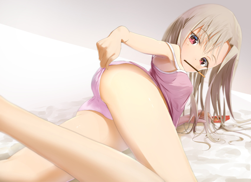 1girl ass bangs bare_shoulders blonde_hair blush breasts fate/kaleid_liner_prisma_illya fate_(series) food illyasviel_von_einzbern long_hair looking_at_viewer lying mouth_hold on_side panties pink_camisole pink_panties pocky red_eyes sakazakinchan small_breasts thighs underwear