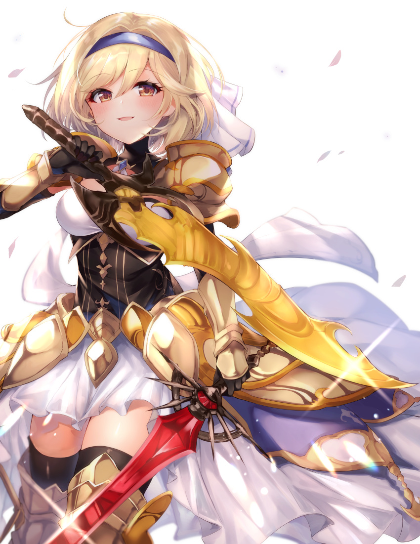 1girl 40_(0f0urw) absurdres armor black_gloves blonde_hair blush chrysaor_(granblue_fantasy) djeeta_(granblue_fantasy) dual_wielding gloves granblue_fantasy headband highres holding holding_sword holding_weapon open_mouth pauldrons short_hair shoulder_armor smile solo sword thigh-highs weapon white_background yellow_eyes