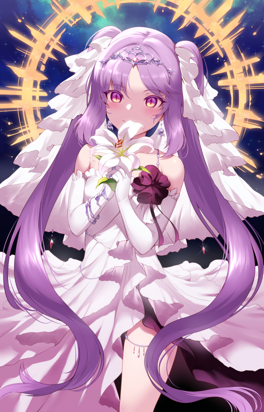 1girl alternate_costume breasts dress earrings elbow_gloves euryale fanbox_reward fate/grand_order fate/hollow_ataraxia fate_(series) fingers_together flower glint gloves hair_ribbon hands_clasped highres jewelry lily_(flower) long_hair looking_at_viewer m-da_s-tarou own_hands_together paid_reward purple_hair ribbon side_slit small_breasts smile solo thighlet tiara twintails very_long_hair violet_eyes white_dress white_gloves