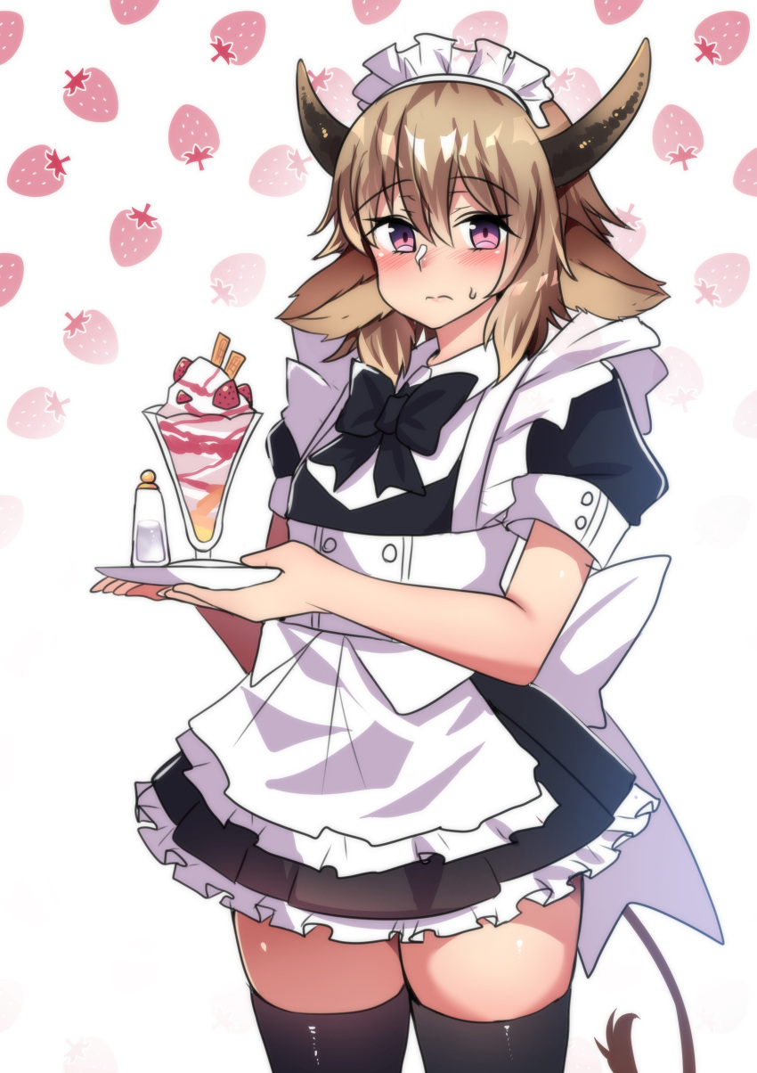 1boy absurdres apron arknights bison_(arknights) blush brown_hair cow_horns crossdressinging cup drinking_glass eyebrows_visible_through_hair food highres hinghoi horns ice_cream maid maid_apron maid_dress otoko_no_ko solo strawberry_background sundae sweatdrop thighs tray violet_eyes