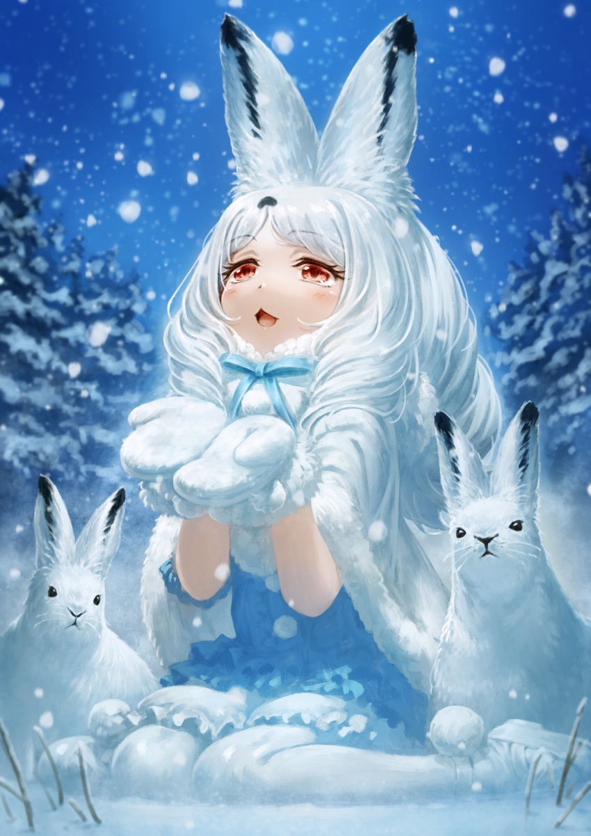 1girl :3 :d animal animal_ear_fluff animal_ears arctic_hare_(kemono_friends) capelet commentary eyebrows_visible_through_hair fur-trimmed_capelet fur_trim highres kemono_friends lain long_hair looking_up mittens open_mouth outdoors pantyhose rabbit rabbit_ears red_eyes sitting smile snow snowing solo wariza white_capelet white_hair white_legwear white_mittens