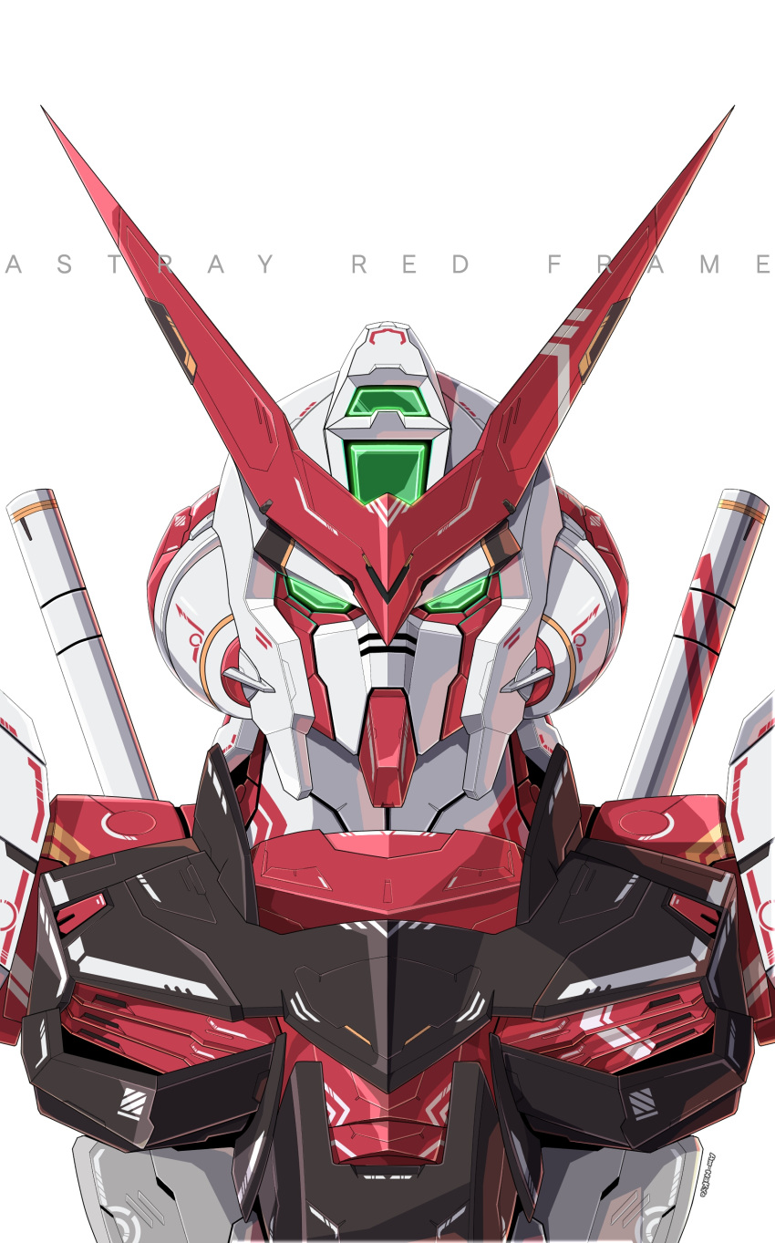 absurdres azzalea beam_saber character_name english_commentary green_eyes gundam gundam_astray_red_frame gundam_seed gundam_seed_astray highres holstered_weapon looking_at_viewer mecha no_humans solo upper_body v-fin white_background