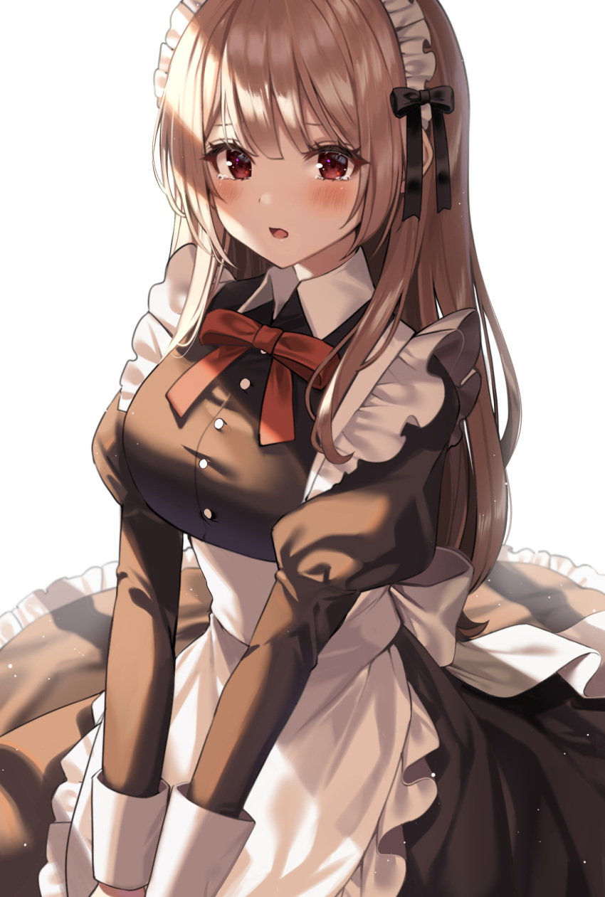 1girl apron black_dress blush breasts brown_eyes brown_hair circle_skirt collared_dress dress frilled_apron frills highres juliet_sleeves large_breasts long_hair long_sleeves looking_down maid_apron maid_headdress masyu_jyaga open_mouth original puffy_sleeves sleeve_cuffs solo tearing_up v_arms victorian_maid waist_apron white_apron