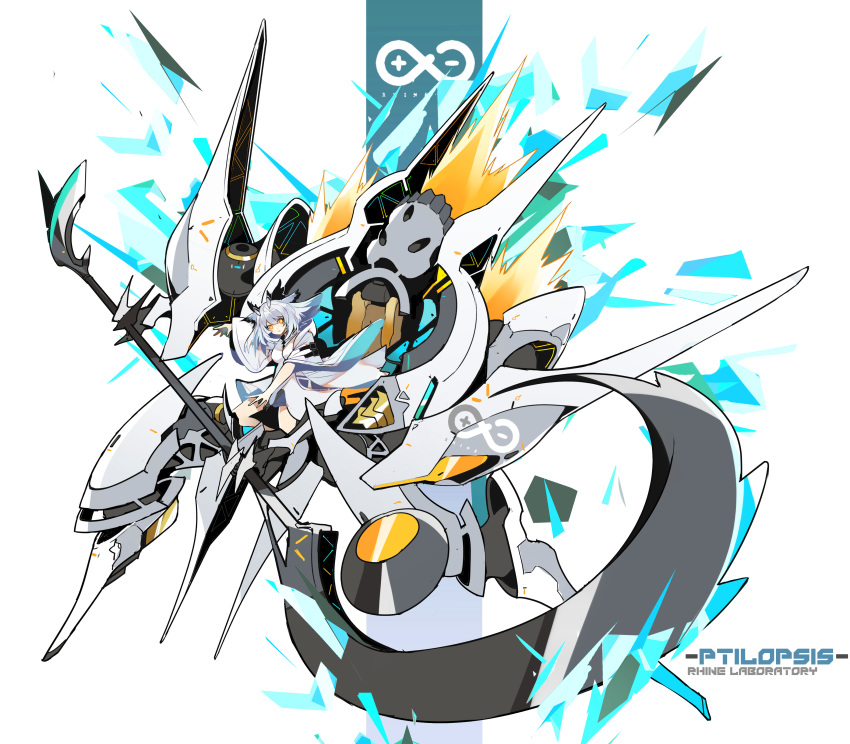 1girl :o absurdres animal_ears arknights bangs belt blue_theme character_name chinese_commentary commentary_request dress fire highres holding holding_staff long_sleeves looking_at_viewer mecha orange_eyes owl_ears ptilopsis_(arknights) rhine_lab_logo shinnasuka025 silver_hair staff thrusters white_background white_dress wide_sleeves yellow_eyes