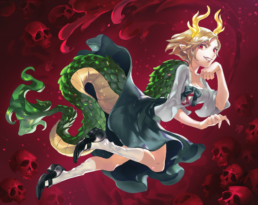 1girl arlmuffin black_footwear blonde_hair blue_shirt blue_skirt breasts commentary dragon_horns dragon_tail evil_grin evil_smile floating floating_hair folded_leg grin hand_on_own_chin high_heels highres horns kicchou_yachie kneehighs looking_at_viewer medium_breasts pointy_ears red_background red_eyes sharp_teeth shirt short_hair skirt skull sleeves_past_elbows smile solo tail teeth touhou turtle_shell white_legwear