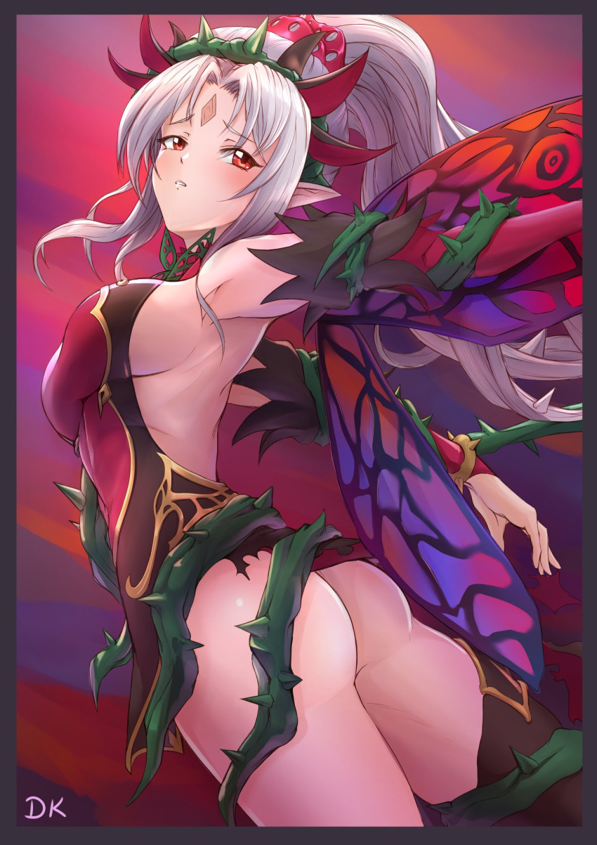 1girl ass breasts deekei fairy_wings fire_emblem fire_emblem_heroes from_behind grey_hair highres long_hair looking_back parted_lips plumeria_(fire_emblem) pointy_ears ponytail red_eyes sideboob solo thorns wings