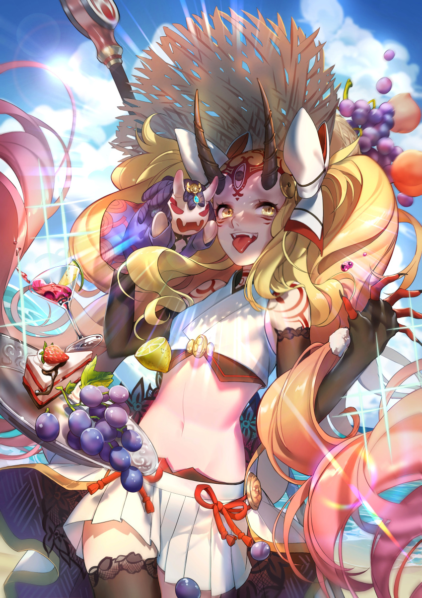 1girl absurdres bare_shoulders black_gloves black_legwear black_nails blonde_hair blue_sky blueberry cake clouds cowboy_shot crop_top cup day drinking_glass elbow_gloves facial_mark fangs fate/grand_order fate_(series) fingernails floating_hair food forehead_mark fruit gloves grapes hand_puppet hat highres horns ibaraki_douji_(fate/grand_order) ibaraki_douji_(swimsuit_lancer)_(fate) lin_nulixiulian long_fingernails long_hair looking_at_viewer miniskirt navel oni oni_horns open_mouth outdoors peach plate pleated_skirt puppet sharp_fingernails shuten_douji_(fate/grand_order) skirt sky smile solo stomach straw_hat strawberry summer thigh-highs tongue tongue_out twintails very_long_hair white_skirt yellow_eyes