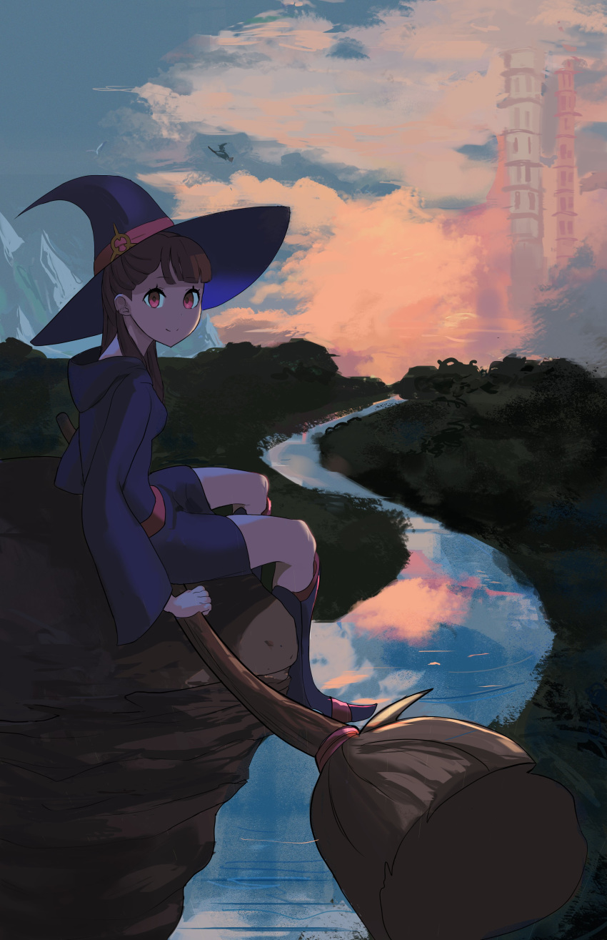 1girl absurdres broom broom_riding brown_hair cliff hat highres kagari_atsuko little_witch_academia looking_at_viewer outdoors red_eyes reflection river school_uniform sitting smile subudraws tower witch witch_hat