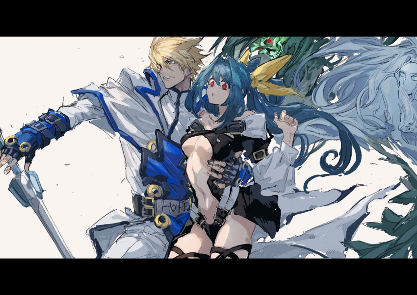 1boy 1girl asymmetrical_wings bangs bare_shoulders belt black_panties blonde_hair blue_eyes blue_hair breasts choker couple detached_sleeves dizzy_(guilty_gear) guilty_gear guilty_gear_x guilty_gear_xx hair_between_eyes hair_ribbon hair_rings highres holding holding_sword holding_weapon hug husband_and_wife ky_kiske long_hair midriff monster_girl necro_(guilty_gear) ogata_tomio panties red_eyes ribbon sword thighs twintails under_boob underwear undine_(guilty_gear) weapon wings