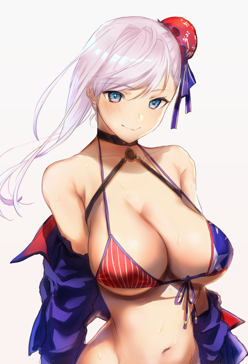 1girl absurdres akebono_kt american_flag_bikini bangs bare_shoulders bikini bikini_top blue_eyes breasts closed_mouth collarbone cosplay eyebrows_visible_through_hair fate/grand_order fate_(series) flag_print front-tie_bikini front-tie_top hair_bun highres jacket lips looking_at_viewer medium_breasts miyamoto_musashi_(fate/grand_order) miyamoto_musashi_(swimsuit_berserker)_(fate) navel off_shoulder pink_hair shiny shiny_hair simple_background solo star_(symbol) star_print stomach striped sweat sweatdrop swimsuit tied_hair upper_body