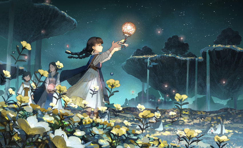 1boy 2girls blue_eyes braid brown_hair closed_eyes dress earrings floating_island flower holding jewelry lantern multiple_girls night night_sky original outdoors plaid sasumata_jirou scenery scroll short_twintails sky twintails water waterfall white_dress yellow_flower