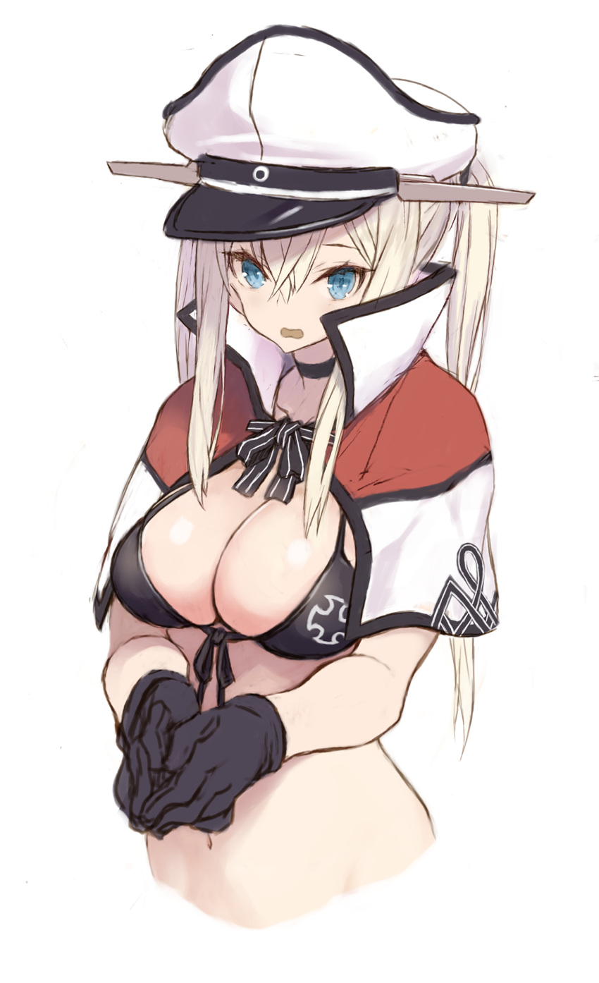 1girl black_bra black_gloves blonde_hair blue_eyes bra breasts capelet cropped_torso gloves goekawa graf_zeppelin_(kantai_collection) hair_between_eyes hat highres kantai_collection large_breasts long_hair navel open_mouth peaked_cap sidelocks simple_background solo twintails underwear white_background
