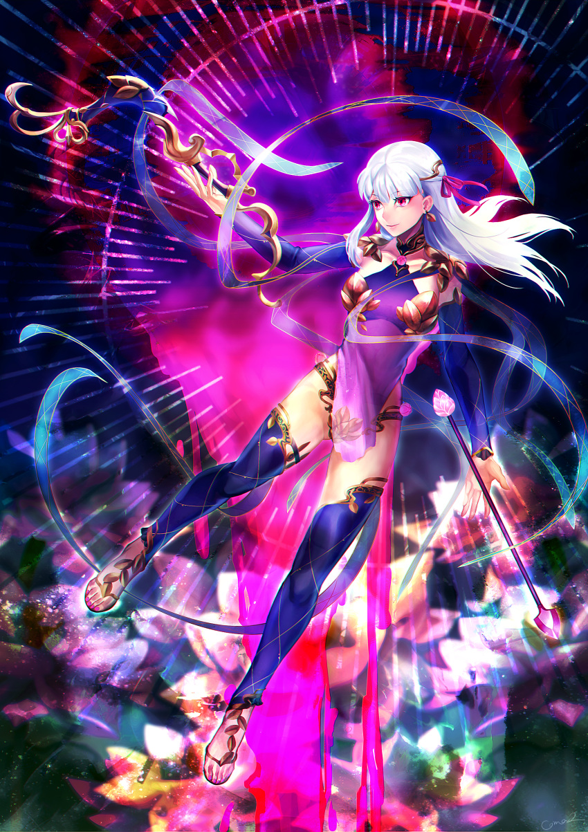 1girl absurdres armlet armor arrow_(projectile) bangs bare_shoulders bikini_armor bow_(weapon) bracelet breasts closed_mouth collar coma2 detached_sleeves dress earrings fate/grand_order fate_(series) floating hair_ribbon halterneck highres jewelry kama_(fate/grand_order) large_breasts legs long_hair looking_to_the_side metal_collar pelvic_curtain purple_background purple_dress purple_legwear purple_sleeves red_eyes ribbon sandals silver_hair smile thigh-highs thighlet weapon