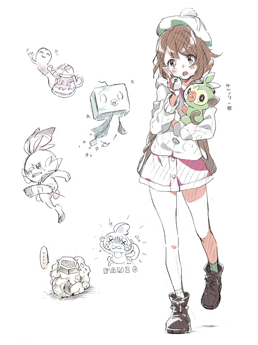 ... 1girl :o absurdres aizaki_(aizkaizk) backpack bag bangs boots brown_eyes brown_footwear brown_hair character_request commentary_request dress eyebrows_visible_through_hair full_body gen_8_pokemon green_headwear grey_cardigan grookey hatching_(texture) highres holding holding_poke_ball holding_pokemon long_sleeves open_mouth pink_dress poke_ball poke_ball_(generic) pokemon pokemon_(creature) polteageist rolycoly scorbunny short_dress short_hair simple_background sketch sobble socks spoken_ellipsis tam_o'_shanter walking white_background yuuri_(pokemon)