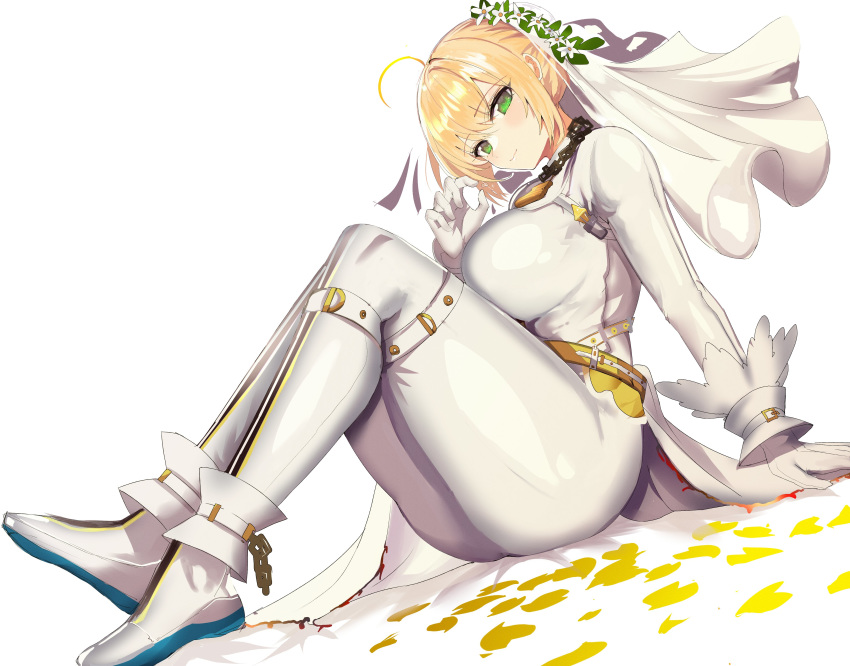 1girl absurdres ahoge arm_support bangs blush bodysuit breasts bridal_veil closed_mouth detached_sleeves eyebrows_visible_through_hair fate/extra fate/extra_ccc fate/grand_order fate_(series) flower_wreath gloves green_eyes hair_bun hair_intakes hanasaki_houcha head_wreath highres large_breasts lock looking_at_viewer nero_claudius_(bride)_(fate) nero_claudius_(fate)_(all) padlock padlocked_collar puffy_detached_sleeves puffy_sleeves sitting veil white_bodysuit white_footwear white_gloves white_sleeves