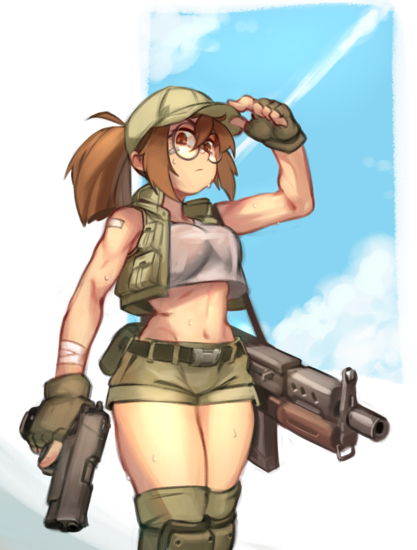 1girl adjusting_clothes adjusting_hat bandages bandaid bandaid_on_face baseball_cap battle_rifle black-framed_eyewear breasts brown_eyes brown_hair crop_top crop_top_overhang day fingerless_gloves fio_germi glasses gloves green_gloves green_shorts gun handgun hat highres holding holding_gun holding_weapon kelvin_hiu knee_pads legs_together looking_at_viewer medium_breasts metal_slug midriff military navel pistol ponytail rifle round_eyewear short_shorts shorts sleeveless sling solo standing sweat trigger_discipline vest weapon