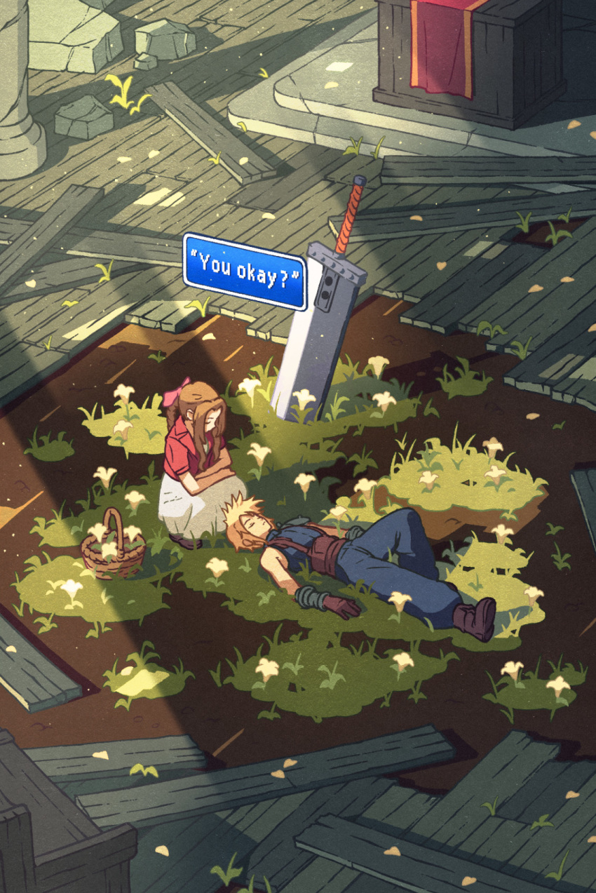 1boy 1girl aerith_gainsborough bow braid braided_ponytail brown_hair buster_sword cloud_strife cropped_jacket final_fantasy final_fantasy_vii flower flower_basket gloves grass hair_bow highres jacket kevin_hong lily_(flower) red_jacket sleeveless sleeveless_turtleneck spiky_hair squatting sunlight suspenders turtleneck unconscious
