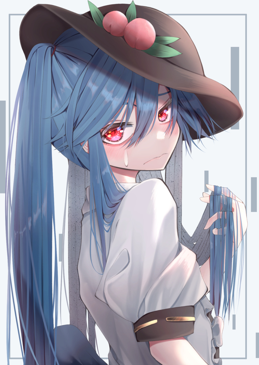 1girl alternate_hairstyle blue_hair brown_headwear closed_mouth fall_dommmmmer food frills from_side frown fruit grey_background hair_between_eyes hat highres hinanawi_tenshi long_hair looking_at_viewer peach puffy_short_sleeves puffy_sleeves red_eyes shirt short_sleeves solo sweatdrop touhou upper_body white_shirt