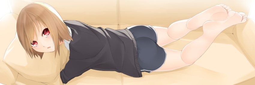 1girl anklet bare_legs barefoot brown_hair couch feet feet_up full_body highres jewelry ju_yorimoto_(ranten_yume) looking_at_viewer lying no_shoes original pillow red_eyes short_hair shorts soles toes