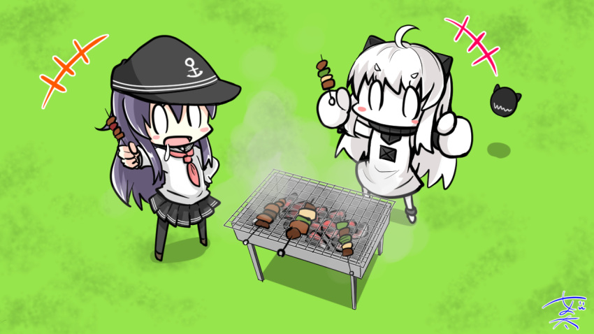 2girls ahoge akatsuki_(kantai_collection) anchor_symbol artist_name bangs barbecue black_legwear blush commentary commentary_request doubutsu_no_mori hair_between_eyes hat holding holding_skewer kantai_collection lawn long_hair long_sleeves multiple_girls northern_ocean_hime nyonyonba_tarou open_mouth outdoors purple_hair school_uniform skewer skirt smoke standing striped tongue tongue_out