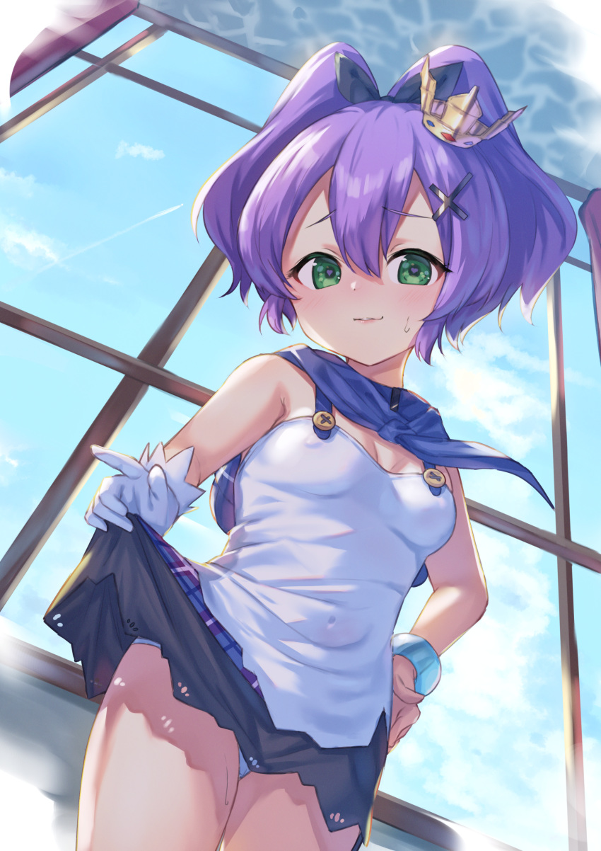 1girl azur_lane bangs bare_arms bare_shoulders black_ribbon blue_skirt blush breasts camisole commentary_request cowboy_shot crown curtains day eyebrows_visible_through_hair gloves green_eyes hair_between_eyes hair_ribbon hand_on_hip high_ponytail highres indoors javelin_(azur_lane) lifted_by_self mini_crown panties parted_lips plaid plaid_skirt ponytail purple_hair ribbon skirt skirt_lift small_breasts solo standing sweat tsukiman underwear white_camisole white_gloves white_panties window