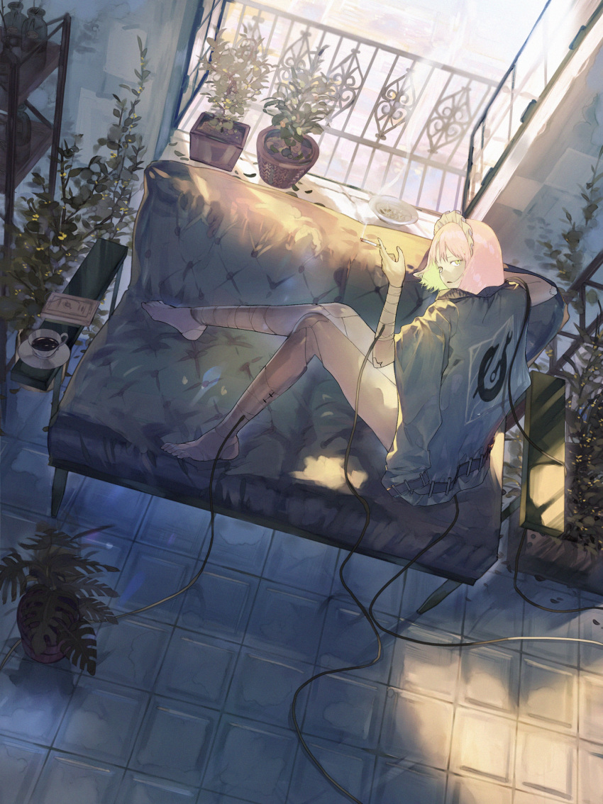 1girl ashtray bandaged_leg bandages book cable cigarette coffee coffee_cup couch cup disposable_cup from_above highres holding holding_cigarette indoors jacket_on_shoulders kurohal maid_headdress original pink_hair plant shelf short_hair sitting smoking solo sunlight window