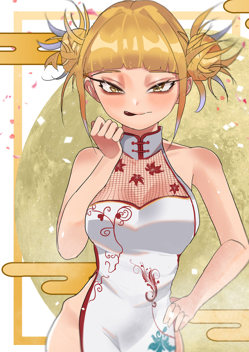 1girl bare_shoulders blonde_hair boku_no_hero_academia breasts china_dress chinese_clothes collarbone double_bun dress fishnets hand_on_hip highres large_breasts licking_lips looking_at_viewer messy_hair side_slit sleeveless sleeveless_dress solo toga_himiko tongue tongue_out white_dress yellow_eyes zd_(pixiv6210083)