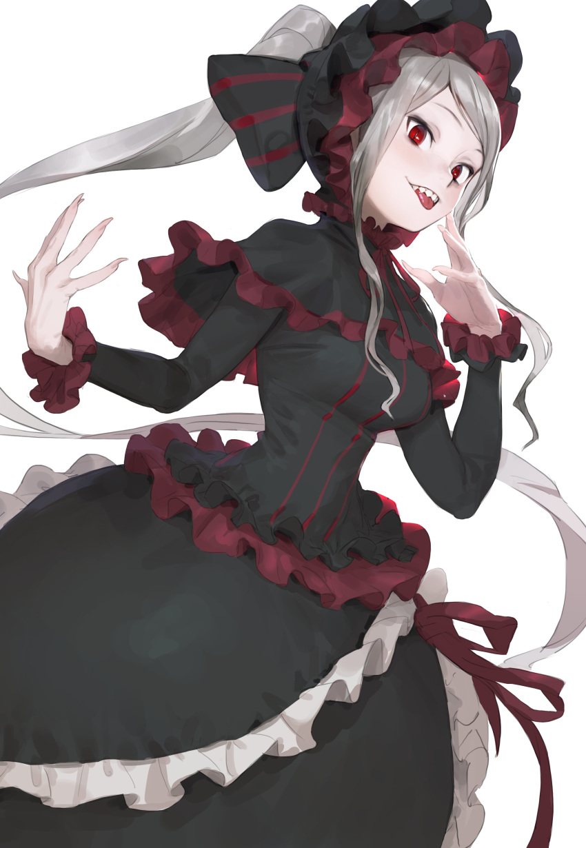 1girl absurdres black_bow black_capelet bonnet bow capelet fingernails frills gothic_lolita hair_bow highres hit-kun lolita_fashion long_fingernails long_hair long_sleeves overlord_(maruyama) ponytail purple_ribbon red_eyes ribbon shalltear_bloodfallen sharp_fingernails sharp_teeth silver_hair simple_background smile solo striped striped_bow teeth tongue tongue_out vampire very_long_hair white_background