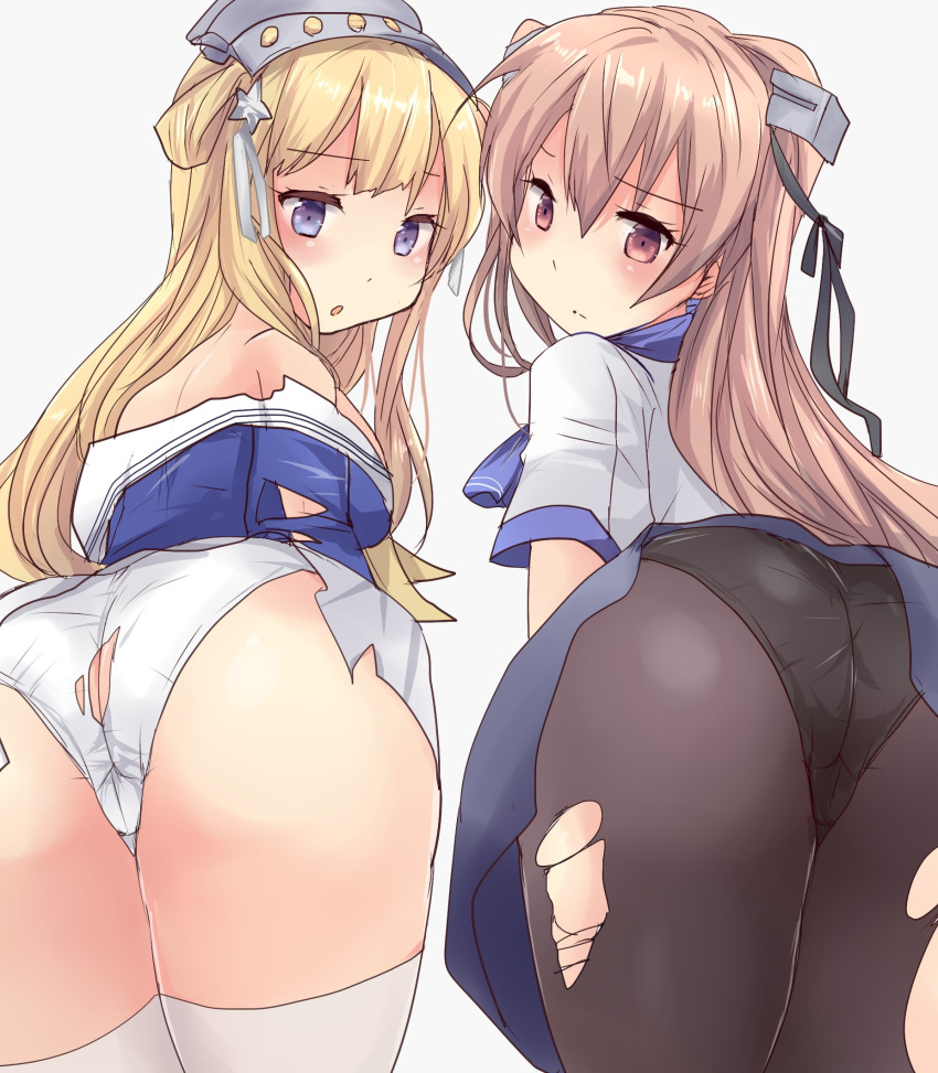 2girls ass black_legwear black_panties blonde_hair blue_eyes blue_shirt blue_skirt brown_eyes commentary_request cowboy_shot double_bun fletcher_(kantai_collection) from_behind grey_background hair_ornament hairband highres hirune_(konekonelkk) johnston_(kantai_collection) kantai_collection light_brown_hair long_hair looking_at_viewer looking_back multiple_girls neckerchief off_shoulder panties panties_under_pantyhose pantyhose pleated_skirt remodel_(kantai_collection) sailor_collar school_uniform serafuku shirt simple_background skirt standing star_(symbol) star_hair_ornament thigh-highs torn_clothes two_side_up underwear white_legwear white_panties white_sailor_collar white_shirt white_skirt yellow_neckwear