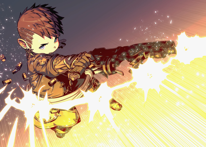 1boy action child final_fantasy final_fantasy_xiv firing gloves gun highres jewelry lalafell military military_uniform open_eyes rifle shell_casing single_earring solo uniform wasp_(anthyutena) weapon