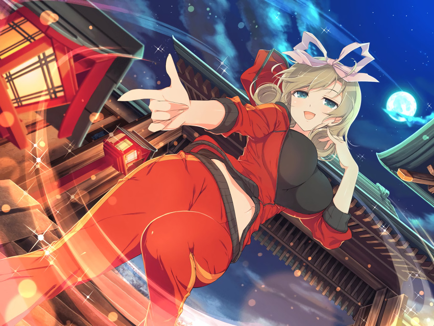 1girl :d bangs black_shirt blonde_hair blush bow breasts clouds dutch_angle full_moon gate green_eyes hair_bow haruka_(senran_kagura) highres hood hoodie large_breasts looking_at_viewer moon navel night night_sky official_art open_mouth pants pink_bow pinky_out pointing pointing_at_viewer red_hoodie red_pants red_track_suit senran_kagura senran_kagura_new_link shirt short_hair sky smile solo stairs star_(sky) swept_bangs track_suit unzipped waifu2x wooden_wall yaegashi_nan