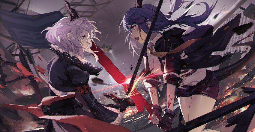2girls arknights bangs black_dress black_gloves black_jacket black_shorts blue_hair ch'en_(arknights) chinese_commentary commentary_request cowboy_shot dragon_horns dragon_tail dress eye_contact face-to-face fingerless_gloves gloves grey_eyes highres holding holding_sword holding_weapon horns jacket juliet_sleeves long_sleeves looking_at_another multiple_girls necktie open_clothes open_jacket open_mouth puffy_sleeves red_eyes shirt short_hair short_shorts shorts siblings silver_hair sisters sword tail talulah_(arknights) thighs upper_body weapon white_shirt yellow_neckwear yetecong
