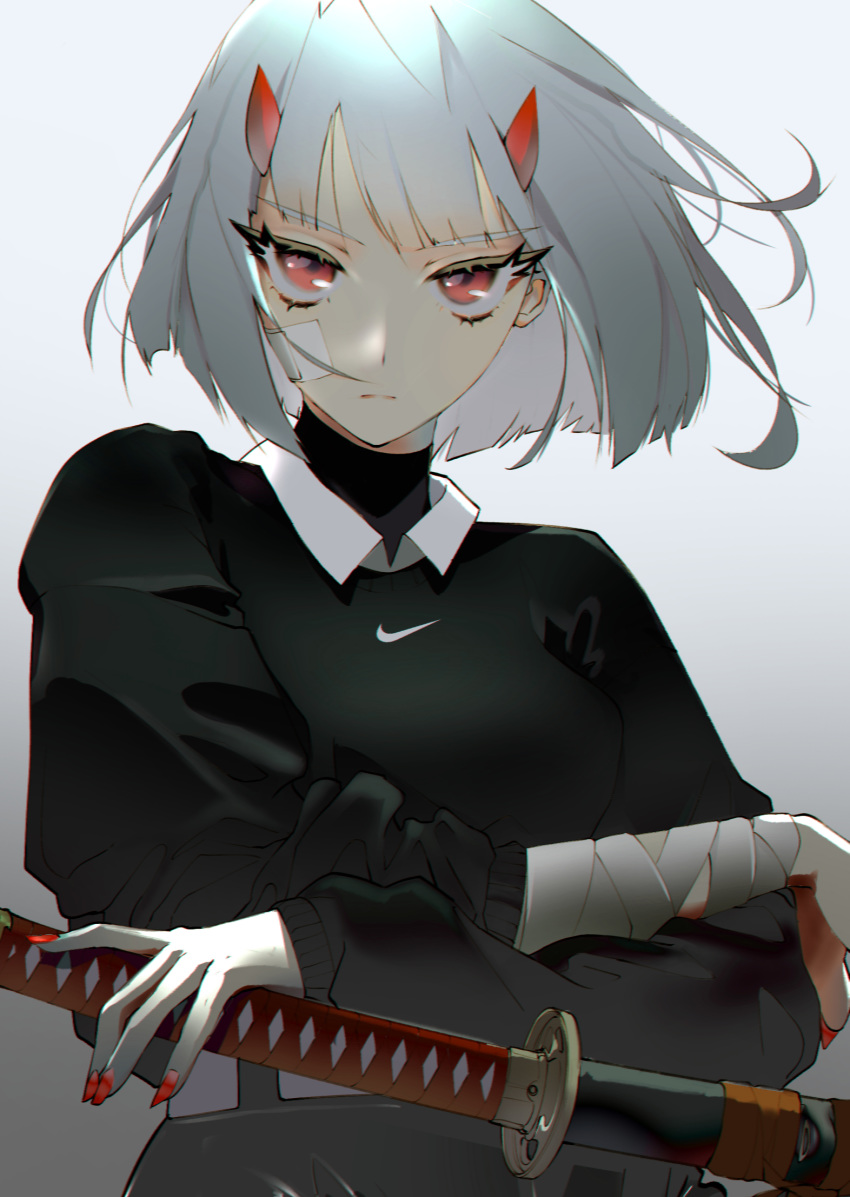 1girl bandaged_arm bandages bangs collared_shirt highres holding holding_sword holding_weapon horns katana looking_at_viewer nail_polish nike original red_eyes shirt short_hair simple_background sword turtleneck vinne weapon white_hair white_shirt