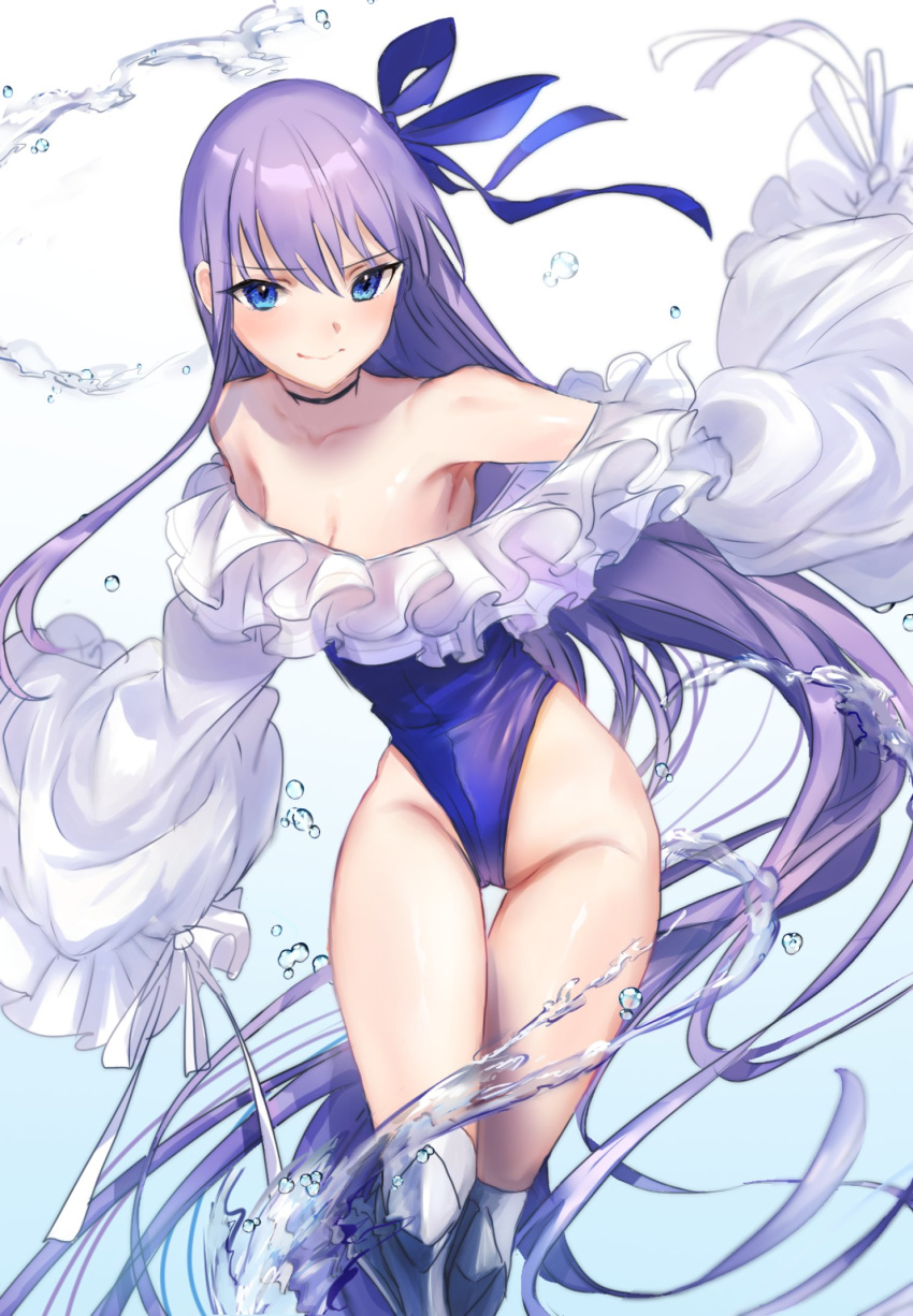 1girl akebono_kt bangs bare_shoulders blue_eyes blue_ribbon blue_swimsuit blush breasts choker closed_mouth collarbone fate/grand_order fate_(series) greaves hair_between_eyes hair_ribbon highleg highleg_swimsuit highres long_hair long_sleeves looking_at_viewer meltryllis meltryllis_(swimsuit_lancer)_(fate) navel one-piece_swimsuit puffy_sleeves purple_hair ribbon sleeves_past_fingers sleeves_past_wrists small_breasts smile solo swimsuit thighs very_long_hair water white_background