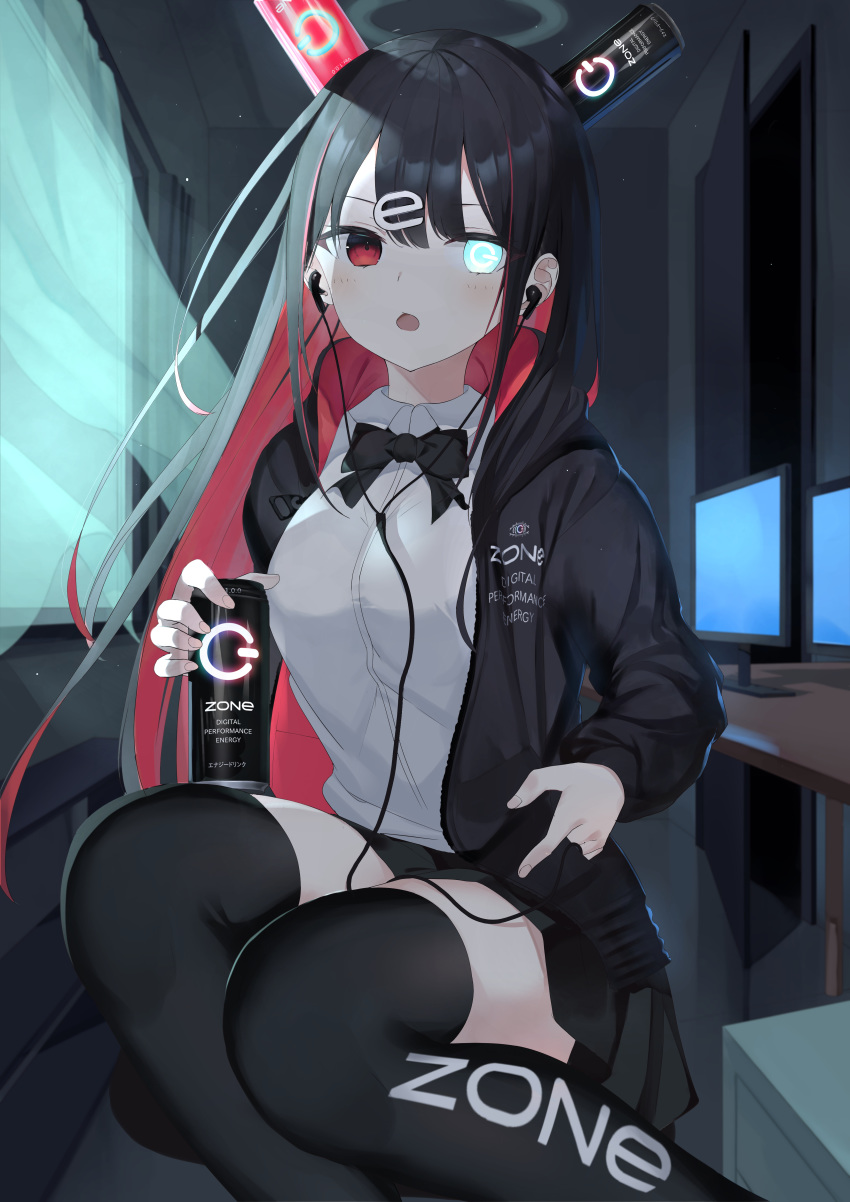 1girl :o absurdres black_hair black_jacket black_legwear black_neckwear black_skirt blue_eyes bow bowtie breasts can clothes_writing colored_inner_hair computer dive_to_zone earphones hair_ornament heterochromia highres holding hood hood_down hooded_jacket jacket long_hair long_sleeves looking_at_viewer mechanical_ears medium_breasts miniskirt multicolored_hair open_clothes open_jacket open_mouth red_eyes redhead shirt sidelocks sitting skirt solo symbol-shaped_pupils thigh-highs two-tone_hair white_shirt zettai_ryouiki zukan_(db_tyoutyo)