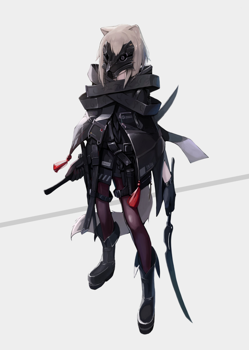 1girl absurdres animal_ears boots fox_mask highres holding holding_weapon kama_(weapon) knife mask mikisai original short_hair sickle simple_background solo weapon white_background white_hair