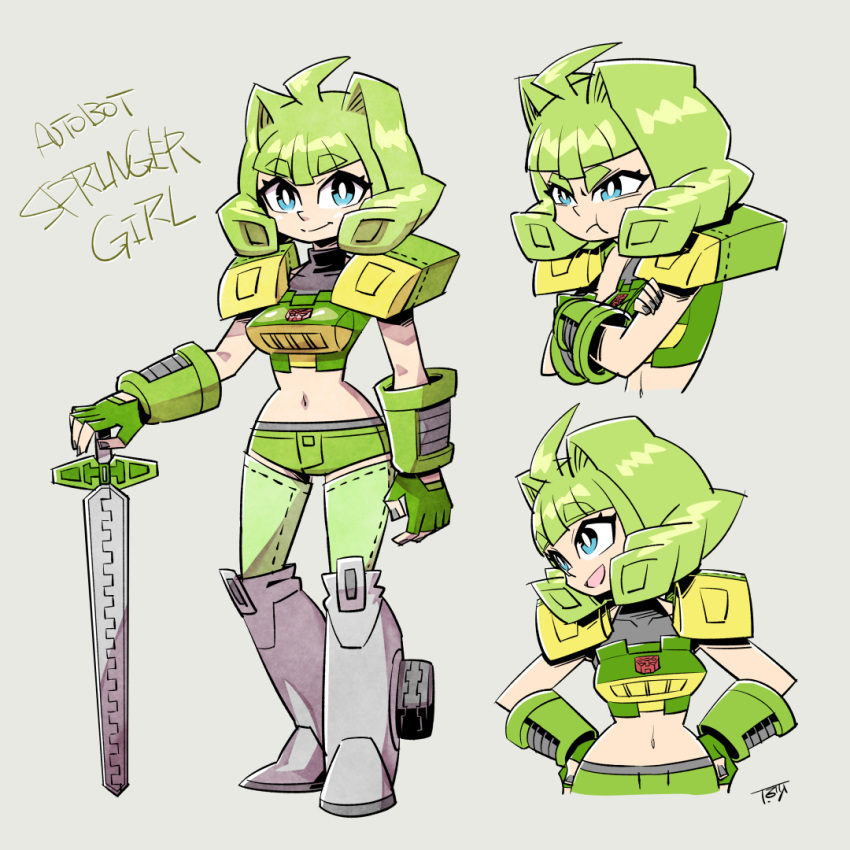 1girl autobot blue_eyes character_name chibi crossed_arms drill_hair fingerless_gloves genderswap genderswap_(mtf) gloves green_hair insignia looking_to_the_side mecha_musume midriff multiple_views personification pout short_hair springer sunafuki_tabito toon transformers