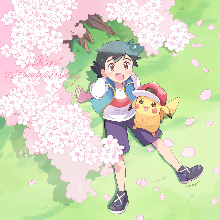 1boy baseball_cap black_hair blown_petals blue_shorts blue_vest brown_eyes cherry_blossoms cherry_tree english_text gen_1_pokemon hand_on_another's_hat hat hatted_pokemon highres looking_up male_focus mei_(maysroom) open_mouth pikachu pokemon pokemon_(anime) pokemon_(creature) pokemon_swsh_(anime) satoshi_(pokemon) shirt shorts sitting sleeveless smile spiky_hair tagme upper_teeth vest white_shirt
