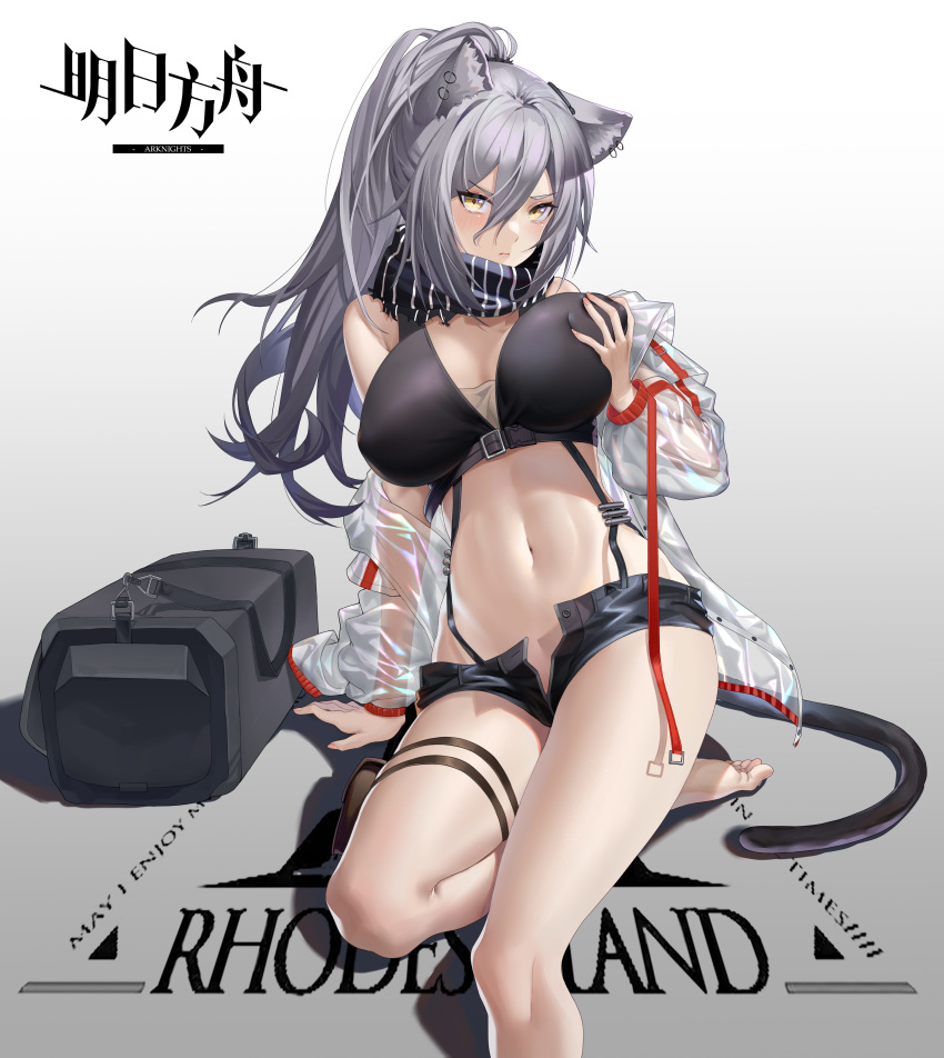 1girl absurdres animal_ear_fluff animal_ears arknights arm_support bag bangs bare_legs bare_shoulders black_scarf black_shorts breast_grab breasts cat_ears cat_tail chinese_commentary commentary_request copyright_name crop_top feet_out_of_frame grabbing gradient gradient_background grey_background guangsupaomian hair_between_eyes hand_up highres jacket large_breasts long_hair looking_at_viewer midriff navel off_shoulder open_clothes open_fly open_jacket partial_commentary scarf schwarz_(arknights) see-through self_fondle shadow short_shorts shorts silver_hair sitting solo stomach tail thigh_strap thighs white_background yellow_eyes
