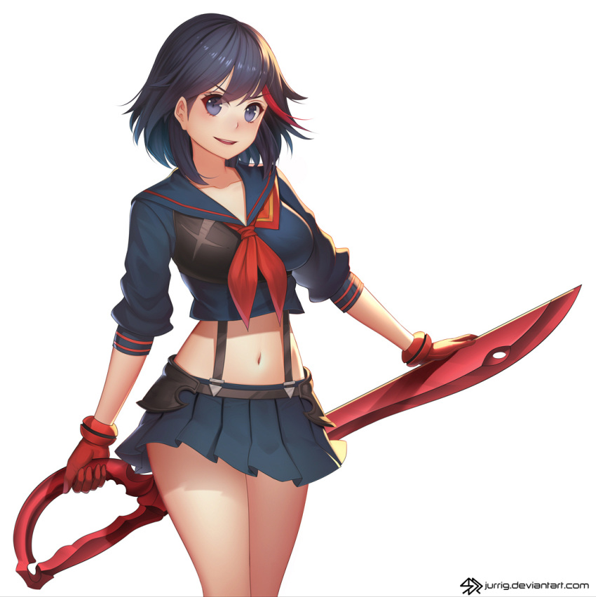 1girl black_hair blue_eyes breasts gloves highlights holding holding_sword holding_weapon jurrig kill_la_kill large_breasts living_clothes looking_at_viewer matoi_ryuuko midriff miniskirt multicolored_hair navel pleated_skirt red_gloves red_neckwear redhead school_uniform scissor_blade serafuku short_hair skirt smile standing streaked_hair suspenders sword sword_behind_back thighs two-tone_hair weapon