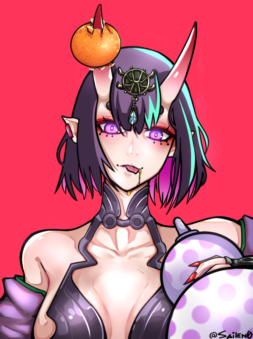 1girl absurdres bangs bare_shoulders bob_cut breasts bridal_gauntlets collarbone ear_piercing eyeliner fate/grand_order fate_(series) food fruit gourd headpiece highres horns japanese_clothes kimono long_sleeves looking_at_viewer makeup mandarin_orange medium_breasts off_shoulder oni oni_horns piercing pointy_ears purple_hair purple_kimono red_background revealing_clothes sailen0 short_eyebrows short_hair shuten_douji_(fate/grand_order) skin-covered_horns smile tongue tongue_out violet_eyes