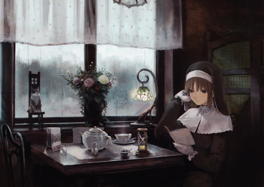 1girl absurdres bag bangs book brown_eyes brown_hair cat chair cup curtains flower gloves habit highres holding holding_book hotateyuki hourglass indoors lamp light_rays long_hair nijisanji nun plant rain reading sister_cleaire sitting solo spoon table teacup teapot vase virtual_youtuber water_drop white_gloves