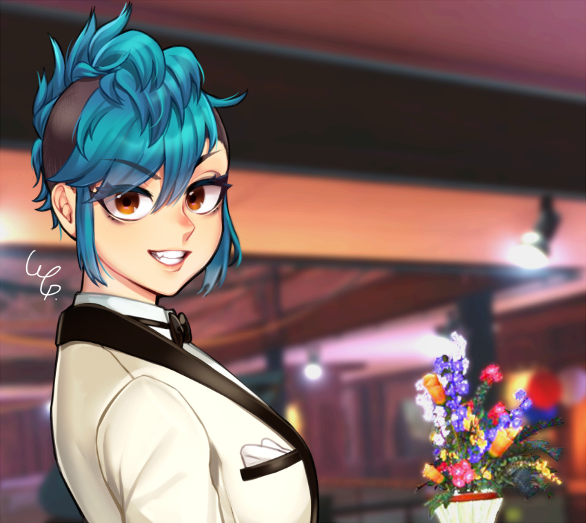 1girl blue_hair blush brown_eyes eyebrows_visible_through_hair fang grin hairband highres looking_at_viewer messy_hair parted_lips payday_2 short_hair smile solo sydney_(payday) teeth tuxedo wg.