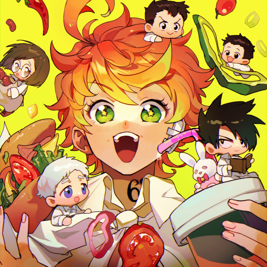 2girls 4boys ahoge bandaid bandaid_on_ear black_eyes black_hair book bread brown_eyes brown_footwear brown_hair cheese chibi chili_pepper closed_mouth collar collared_shirt commentary_request cup don_(yakusoku_no_neverland) drinking_straw emma_(yakusoku_no_neverland) food full_body gilda_(yakusoku_no_neverland) glasses green_eyes hair_over_one_eye highres holding holding_book holding_cup holding_food ke02152 lettuce long_sleeves looking_at_another looking_at_viewer multiple_boys multiple_girls neck_tattoo norman_(yakusoku_no_neverland) number_tattoo open_book open_mouth orange_hair pants pepper phil_(yakusoku_no_neverland) ray_(yakusoku_no_neverland) round_eyewear shirt short_hair simple_background sitting smile spiky_hair star-shaped_pupils star_(symbol) stuffed_animal stuffed_bunny stuffed_toy symbol-shaped_pupils tattoo teeth thick_eyebrows tomato toy upper_body white_hair white_pants white_shirt yakusoku_no_neverland yellow_background