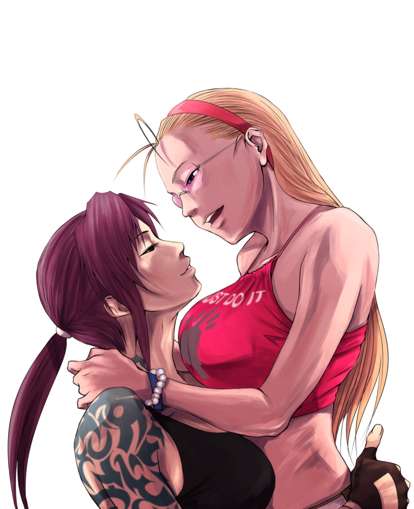 2girls antenna_hair arm_tattoo arms_around_neck backlighting black_gloves black_lagoon blonde_hair bracelet breasts brown_hair camisole casual commentary_request crop_top eda_(black_lagoon) eye_contact fingerless_gloves forehead gloves hair_pulled_back hairband half-closed_eyes highres jewelry large_breasts lifting_person long_hair looking_at_another mimiyama_kiichi multiple_girls nike parted_lips pink-tinted_eyewear ponytail print_shirt puckered_lips red_hairband revy_(black_lagoon) rimless_eyewear shirt shoulder_tattoo sidelocks sunglasses tattoo white_background yuri