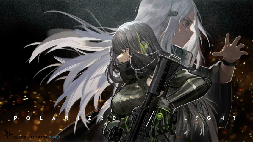 2girls artist_request assault_rifle bangs black_hair breasts brown_eyes closed_mouth elisa_(girls_frontline) eyebrows_visible_through_hair facial_mark forehead_mark girls_frontline gloves green_hair green_jacket gun hair_between_eyes highres holding holding_gun holding_weapon jacket long_hair long_sleeves m4_carbine m4a1_(girls_frontline) mod3_(girls_frontline) multicolored_hair multiple_girls open_mouth rifle sangvis_ferri streaked_hair upper_body weapon white_hair