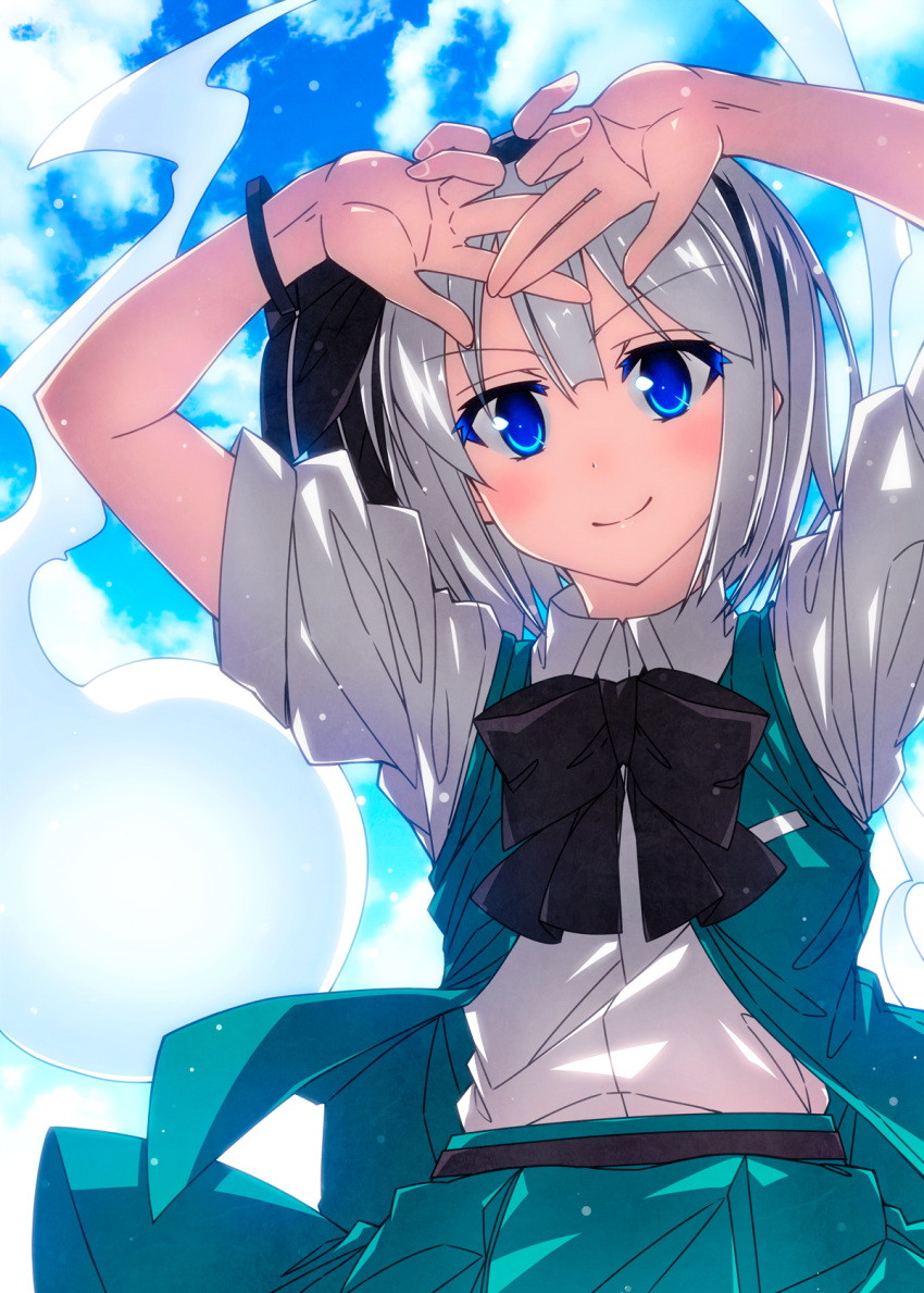 1girl aqua_vest black_neckwear blouse blue_eyes bow bowtie bracelet clouds colored_eyelashes eyebrows_visible_through_hair highres jewelry konpaku_youmu konpaku_youmu_(ghost) looking_at_viewer sazanami_mio short_sleeves sky smile solo touhou upper_body vest white_blouse