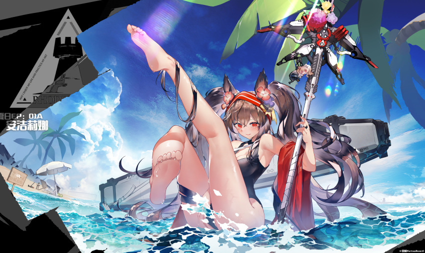 1girl absurdres angelina_(arknights) animal_ears arknights bare_legs barefoot beach black_hair black_shorts coat earpiece feet fox_ears hairband highres holding holding_staff jacket long_hair ocean red_eyes red_hairband shorts staff striped striped_hairband swimsuit twintails water white_coat white_jacket zipplin