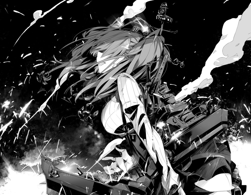 1girl alabaster_(artist) anchor_hair_ornament atlanta_(kantai_collection) black_headwear black_skirt breasts clenched_teeth commentary dress_shirt earrings garrison_cap gloves greyscale hair_ornament hat high-waist_skirt jewelry kantai_collection large_breasts long_hair long_sleeves machinery monochrome partly_fingerless_gloves shirt skirt star_(symbol) star_earrings suspender_skirt suspenders teeth turret two_side_up